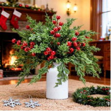 imluckies 35 Künstliche Tannenzweige und 15 Rote Beeren, Realistische Künstlich Weihnachtsgesteck für DIY-Basteln, Weihnachtskränze und Festliche Dekorationen für Zuhause (mit Vase)