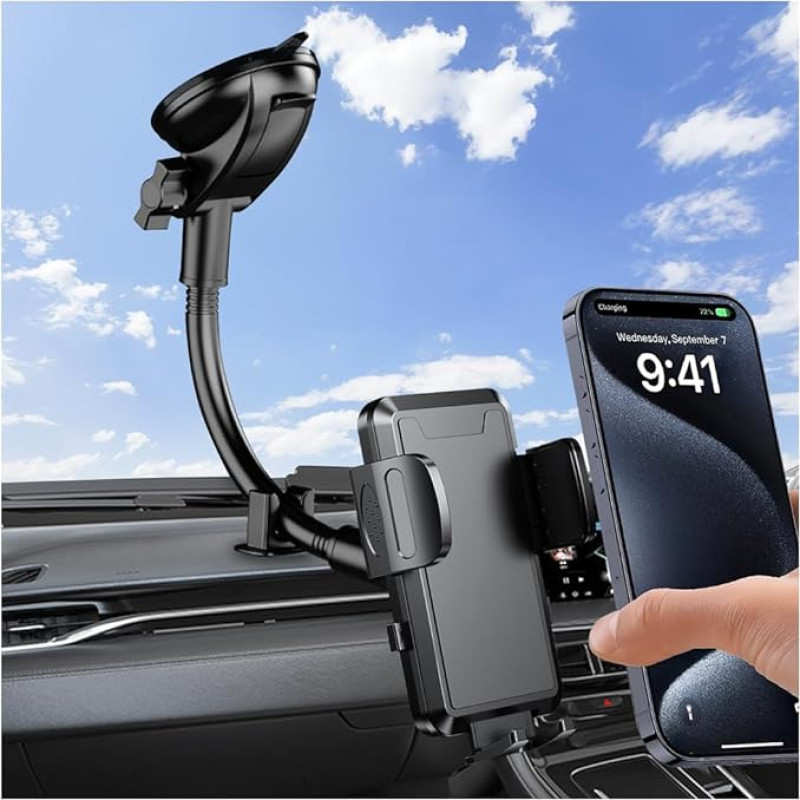 JNNJ mobiliojo telefono laikiklis automobilyje, reguliuojamas 360 laipsnių kampu pasukamas reguliuojamas stovas automobilinis mobiliojo telefono laikiklis, universalus automobilinis telefono laikiklis visiems mobiliesiems telefonams (ilgas / pilkas)