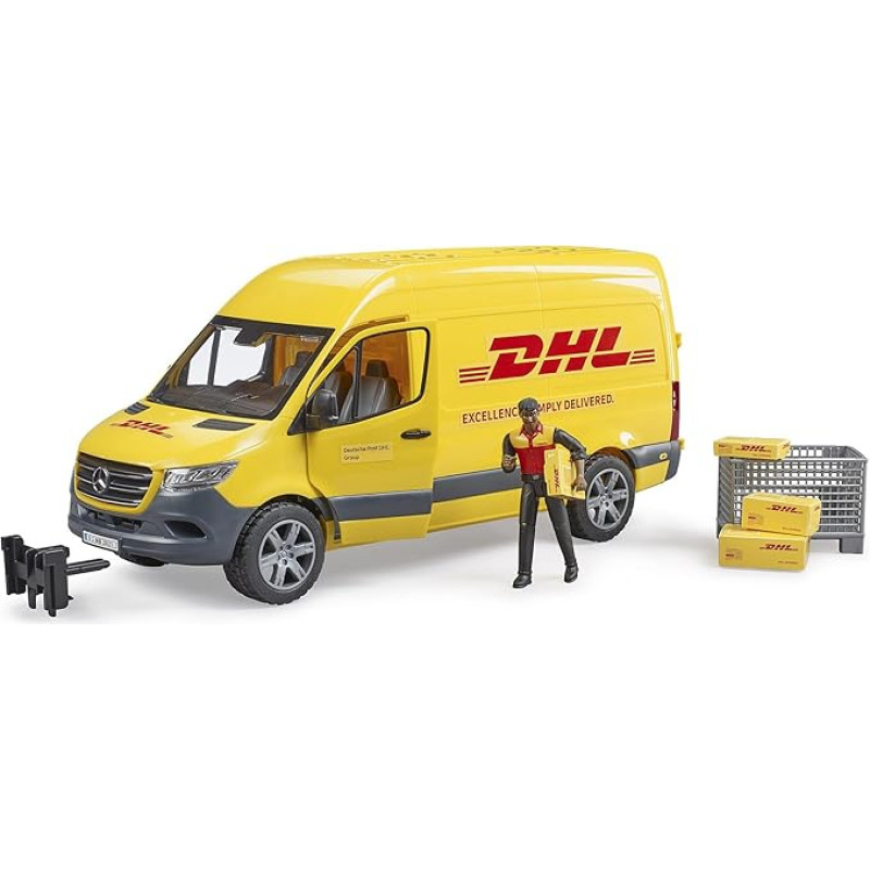 bruder 02671 MB Sprinter DHL su vairuotoju ir tinklelio dėžute su siuntų pakuotėmis - 1:16 Siuntų gabenimo ir logistikos transporto priemonė Transporteris, siuntų tarnyba, furgonas
