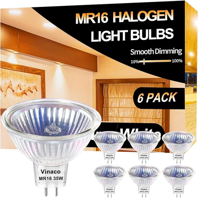 MR16 GU5.3 halogeninė lemputė, 6 vnt., 12 V GU5.3 35 W, MR16 lemputė, šiltos baltos spalvos 2800 K, reguliuojamo apšvietimo, ilgaamžė MR16 12V 35 W halogeninė lemputė su skaidraus stiklo dangteliu, aukštos kokybės halogeninė MR16 lemputė