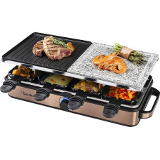 Bestron 2-in-1 Raclette Party Grill: Electric Raclette for up to 8 People, Scratch-Resistant Natural Grill Stone & Non-Stick Grill Plate, 8 Pans & 8 Scrapers, 1,400 Watt, Colour: Copper