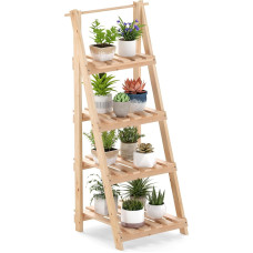 COSTWAY Folding Flower Stairs, Ladder Shelf with 4 Shelves, Flower Shelf Made of Fir Wood, Plant Ladder, Plant Shelf, Flower Stand, Balcony Garden, Indoor, Outdoor, Natural, 52 x 38 x 109 cm