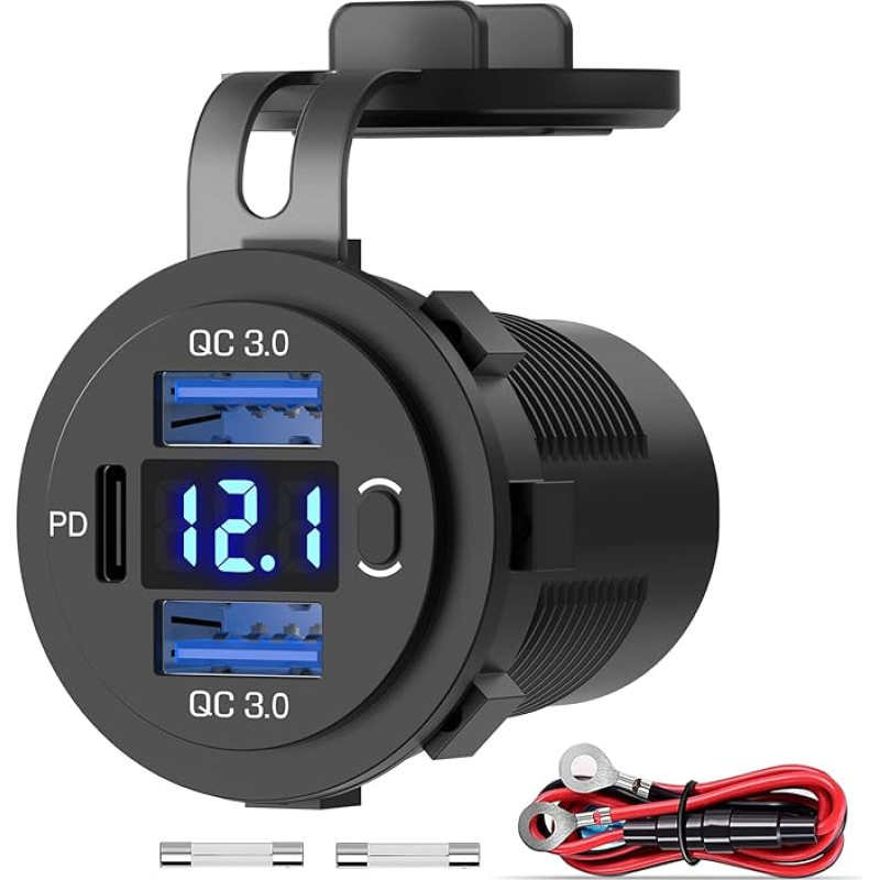 (3USB 66W) PD USB C lizdas 12 V automobilinis: USB kištukinis lizdas Vandeniui atsparus 12 voltų nuolatinės srovės adapterio kištukas su jungikliu ir LED voltmetru USB C jungtis, skirta 