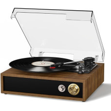 FYDEE Turntable with USB Playback and Recording, Bi-Directional Bluetooth, 3 Speed Switching (33/45/78 RPM), Built-in Stereo Speakers and RCA Output - Teak Wood