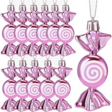 Threan 12 Christmas Tree Sweets Christmas Tree Decorations Candy Glitter Hanging Christmas Candy Ornaments Candy Cane Decoration with Golden Ropes (Pink)