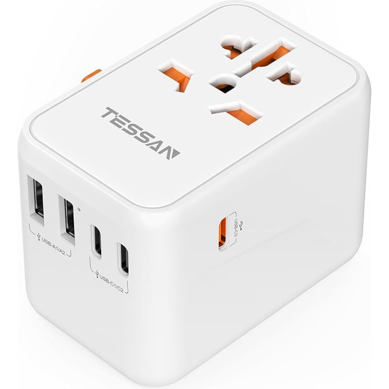 TESSAN kelioninis adapteris visame pasaulyje, 65 W GaN kelioninis adapteris, greitasis įkroviklis, kelioninis kištukas su 2 USB ir 3 USB C, universalus Japonijai, Vokietijai, JAV, Anglijai, Kinijai