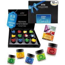 Hallingers Genuss Manufaktur Tea Gift Set Easter – 12 Varieties Premium Loose Tea in Glass, Vegan & Gluten Free in Elegant Gift Box 