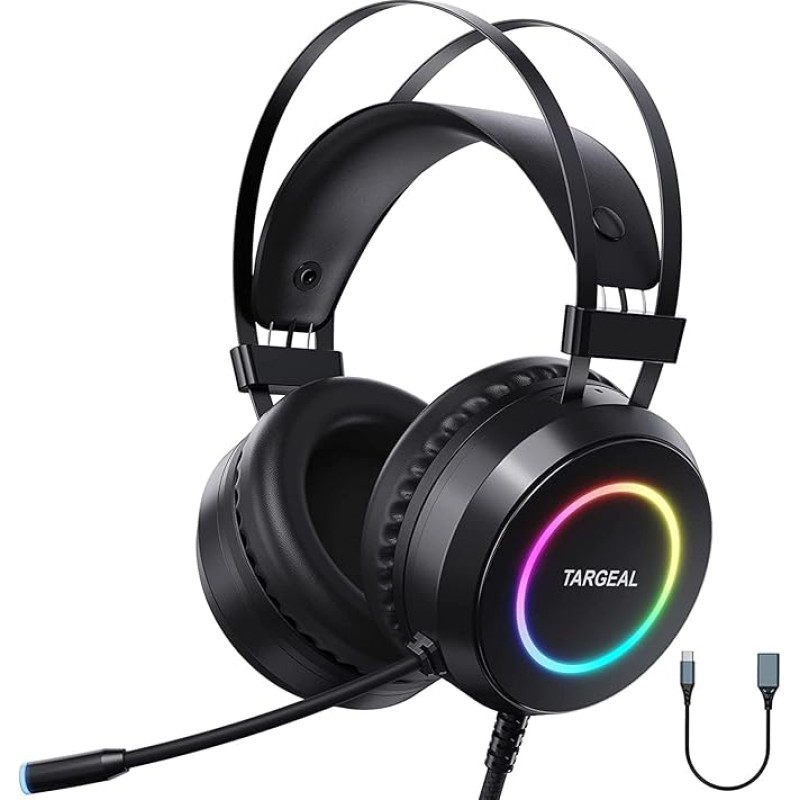 Žaidimų ausinės, ausinės su mikrofonu, 3D erdvinio garso ausinės, triukšmą slopinančios RGB lemputės, 7.1 erdvinio garso žaidimų ausinės su mikrofonu, juodos spalvos, didelės