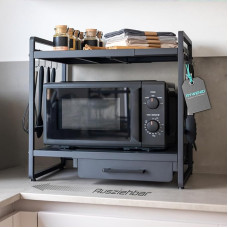 Microwave Shelf with Drawer & 8 Hooks (Height Adjustable) - Microwave Shelf Freestanding for Kitchen Worktop - Kitchen Shelf / Standing Shelf for Microwave - Baker's Rack Organiser for the Kitchen