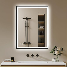 Vonios veidrodis su apšvietimu 50 x 70 cm - Vonios veidrodis LED Vonios veidrodis su apšvietimu - nuo rūko, reguliuojamas apšvietimas, 3 šviesos spalvos, LED veidrodis Vonios juodas metalinis rėmas Horizontalus/Vertikalus