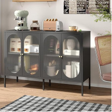 Metalinė spintelė su stiklinėmis durelėmis, virtuvės spintelė, stiklinė vitrina su reguliuojama lentyna, virtuvės, valgomojo, svetainės spintelė, 40 D x 120 W x 84 H cm, juoda