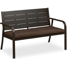 Relaxdays Garden Bench with Seat Cushion, Wood Look, HBT: 78 x 118 x 66 cm, 2-Seater, Sturdy Balcony Bench, Brown