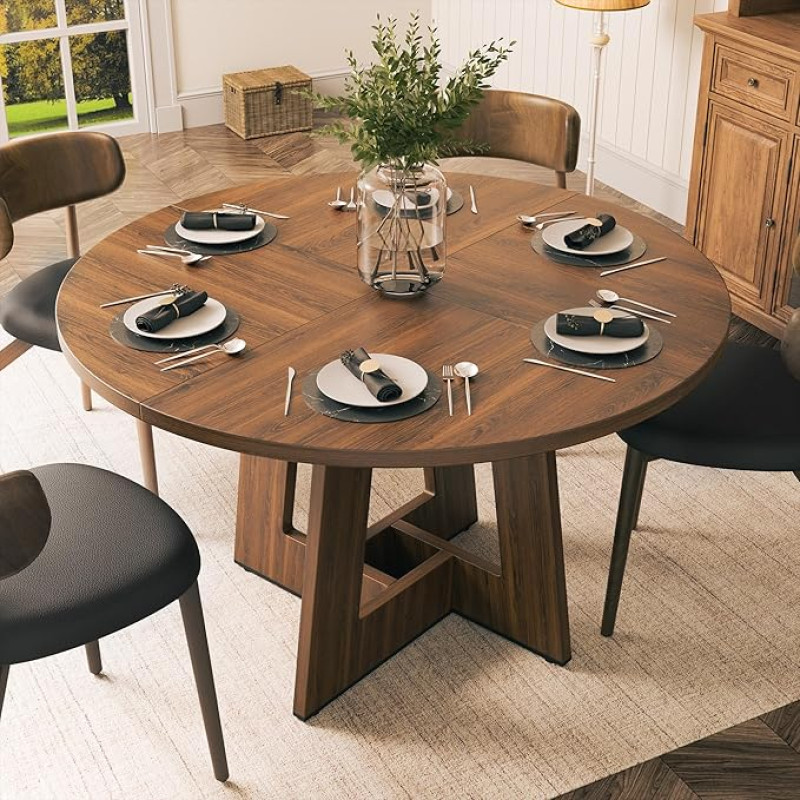 YOUDENOVA Apvalus 120 cm valgomojo stalas, medinis valgomojo stalas 4-6 asmenims, estetiškas kaimiškas virtuvės stalas su modernios geometrijos kojomis, kaimiškai rudos spalvos (be kėdžių)