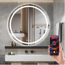 Ratsamee Bluetooth Bathroom Mirror with Lighting, 80 cm Round Mirror with Lighting, Wall Mirror with Front Lighting, Anti-Fog Function, Dimmable, with 3 Adjustable Light Colours