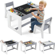 FANTASK 3-in-1 Children's Table with 2 Chairs, Children's Seating Set with Storage Space, Reversible Table Top & Removable Dividers, Craft Table, Painting Table, Play Table for Children from 3 Years
