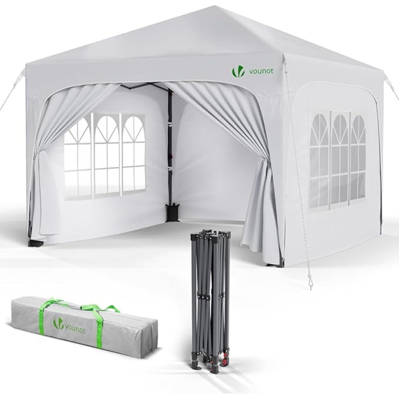VOUNOT® pavėsinė 3 x 3 m su 4 šoninėmis plokštėmis ir 4 smėlio maišais, iššokanti sulankstoma pavėsinė, atspari vandeniui, sulankstoma sodo palapinė, vakarėlių palapinė, su krepšiu, balta