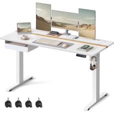 VASAGLE LSD114W01 Reguliuojamo aukščio elektrinis rašomasis stalas su kištukiniu lizdu ir stalčiumi, 60 x 140 cm stalo paviršius, sklandžiai reguliuojamas, 4 aukščių atminties funkcija, baltas