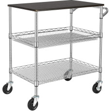 Finnhomy Heavy Duty 3 Tier Commercial Grade Wood Board Wire Trolley with Handlebars Steel Service Cart with Wheels Multipurpose Shelf Food Storage NSF Listed