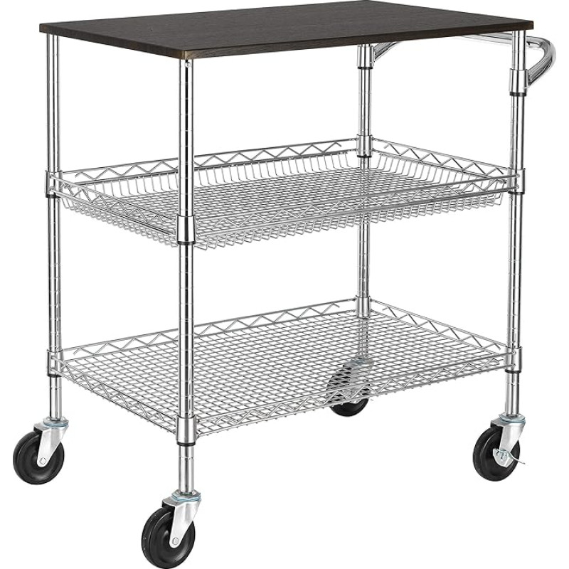 Finnhomy Heavy Duty 3 Tier Commercial Grade Wood Board Wire Trolley with Handlebars Steel Service Cart with Wheels Multipurpose Shelf Food Storage NSF Listed
