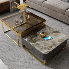 Quadratischer Couchtisch 2er Set, Gold Ablagetische, Beistelltisch für Wohnzimmer, Nisttisch Industrielle Stapelbare Beistelltische, Einfache Montage Wohnmöbel