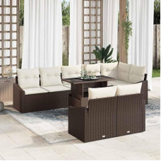 Garten-Sofa-Set 9-teilig Braun Creme mit Kissen und Stauraum, Gartenmöbel-Set mit Ecksofa und Glastisch, Outdoor-Sofa-Gruppe aus Poly-Rattan