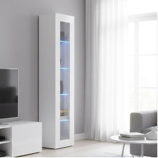 Dmora Column Display Cabinet with Glass Door, Made in Italy, with Blue LED Light, Sideboard with Shelves, Living Room Display Cabinet, 40 x 30 x 180 cm, Glossy White Colour