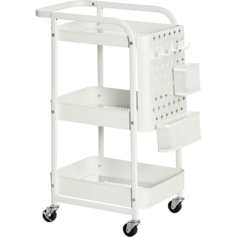 HOMCOM Servierwagen für Büro, aus Metall, Servierwagen mit Rollen, 3 Ebenen mit 2 Besteckfächern, 4 Haken, Maße: 51,5 x 32 x 75,6 cm (L x B x H) – Weiß