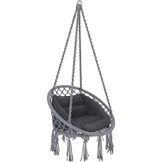 Sodo kabantis krėslas Medvilninė virvė Macrame efektas Plieninis kabantis krėslas Hamakas supamasis krėslas su paminkštinta sėdyne lauko terasoje Šiuolaikinis dizainas iki 160 kg (pilka)