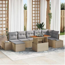 Gartenmöbel-Set 8 Stücke Poly-Rattan Akazienholz Outdoor-Sofa-Set 8-teilig mit Tisch und Stauraum in Beige Grau