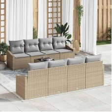 9-teiliges Terrassen Sofa Set mit Tisch und Stauraum, Garten Sofagarnitur in Beige und Hellgrau aus Poly Rattan, 9-teiliges Gartenmöbel Set mit Kissen