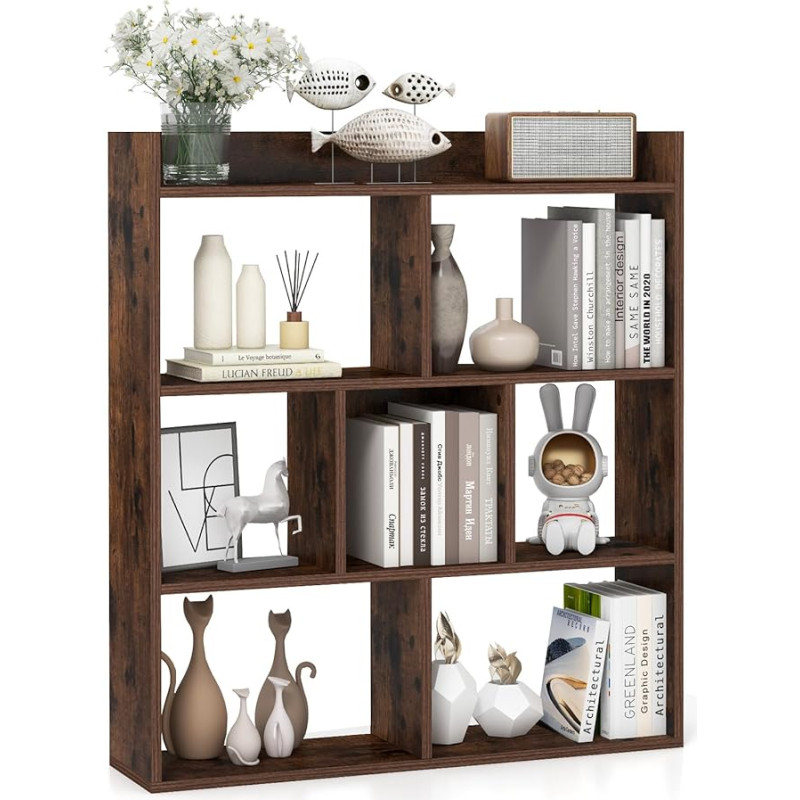 COSTWAY Bookcase with 7 Compartments, Standing Shelf, Cube Shelf, Storage Shelf for Living Room, Bedroom, Office, 80 x 20 x 90 cm (Coffee)