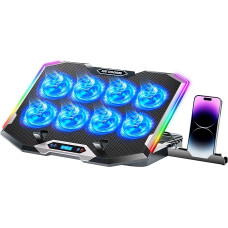 ICE COOREL žaidimų nešiojamojo kompiuterio aušinimo padas su 8 aušinimo ventiliatoriais, nešiojamojo kompiuterio aušintuvo stovas su 6 reguliuojamo aukščio jungtimis, RGB aušinimo padas 15-17,3 colių nešiojamajam kompiuteriui su dviem USB jungtimis + tele