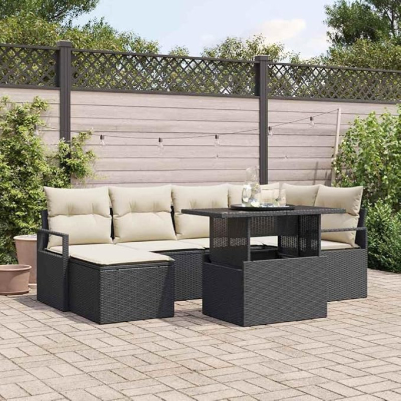 7-teiliges Sofaset für Terrasse und Garten - Garten-Sofa-Set 7-teilig mit Kissen in Schwarz und Creme - Gartenmöbel-Set 7 Stück