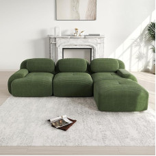 Modulinė 3 vietų sofa iš velvetinio audinio, kampinė sofa, sofa be kaulų ir 1 otomanas, suspausta sofa, neremontuojama ir su neslystančiu pagrindu, laisvai derinama, 298 x 178 x 75 cm (žalia)