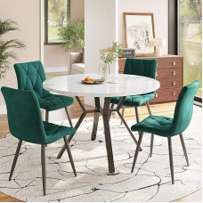 Round Dining Table with 4 Chairs Set for 4 People, Round Dining Table 100 x 100 x 75 cm with Black Metal Legs and 4 Green Velvet Dining Room Chairs, Dining Room Furniture, Kitchen Furniture