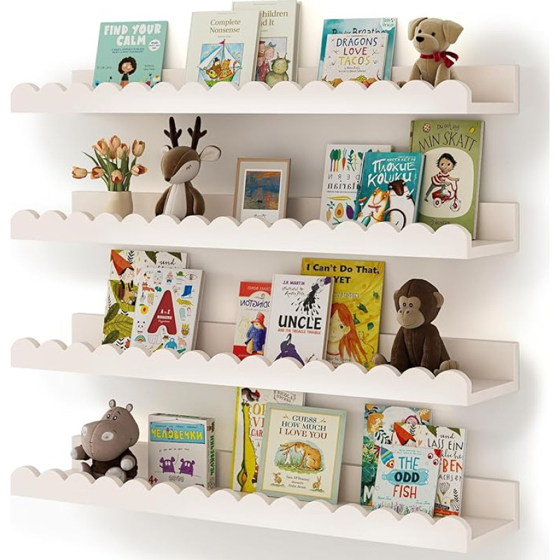 Knygų lentynos vaikų darželiui 4 Pack White Floating Shelves for Wall Kids Wavy Shelves Wall Bookshelves for Bedroom Nursery Baby Room Nursery Decor