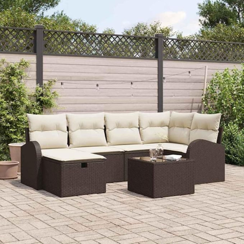 Modernes Outdoor Sofa Set mit Kissen und Stauraum in Braun und Creme aus Poly Rattan, Modulares Gartensofa Set