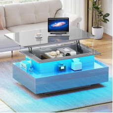 YITAHOME Blizgus kavos staliukas su LED juostelėmis, žurnalinis staliukas su lentyna svetainei, modernus stačiakampis medinis arbatos staliukas su 2 stalčiais