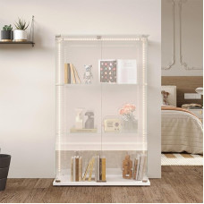 Stiklinė vitrina su LED, vitrina su 3 stiklinėmis lentynomis, moderni vitrina svetainei su 2 durimis ir užraktu, vitrina kolekcininkams (balta, 3 pakopos, 2 durys + LED)