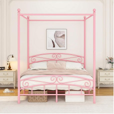 Bettrahmen mit kunstvollem Kopfteil und Fußteil im europäischen Stil, stabiler Stahl, passt perfekt zu Ihrer Matratze, einfache Selbstmontage, alle Teile enthalten (Rosa, Kingsize-Größe