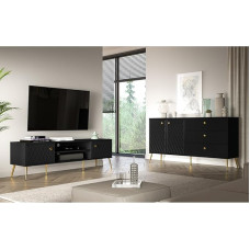 Lomadox Wohnmöbel Set 2-teilig Lowboard Sideboard in schwarz matt gefräste Front Goldfarbene Griffe Softclose-Funktion modern