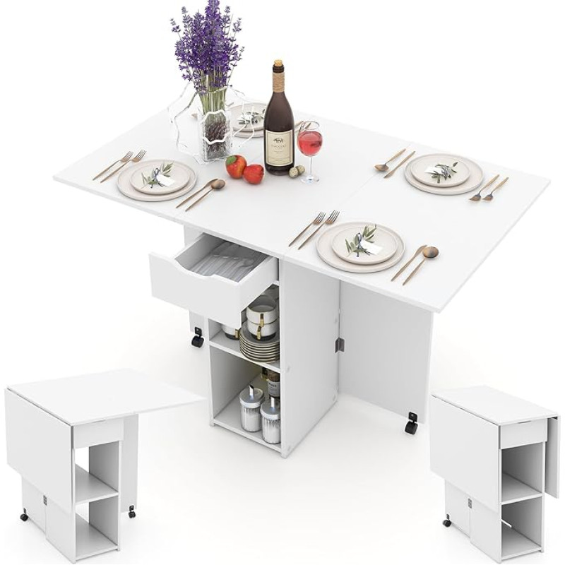 LIFEZEAL 3-in-1 valgomojo stalas su ratukais, sulankstomas virtuvės stalas, medinis, 120 x 77 cm, išskleidžiamas valgomojo stalas 4-6 žmonėms, baro stalas valgomajame, svetainėje, maks. 95 kg (baltas)