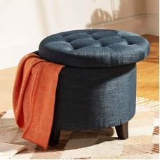 BAKAJI Pouf Storage Box, Footstool Made of Wood with Inner Compartment, Storage Box with Padded Seat, Round Stool 51 x 51 x 43 cm, Furnishings for Living Room, Children's Room (Linen Blue)