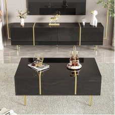 Modernes TV-Schrank und Couchtisch Set, Hochglanz Schwarz mit Goldenen Akzenten, 170x35x46 cm und 100x60x41,5 cm, mit Dämpfungsscharnieren