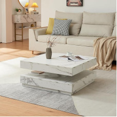 [en.casa] Florencijos kavos staliukas Kvadratinis 76 x 76 x 38 cm Sofos staliukas su laikymo vieta Kavos staliukas Besisukantis staliukas Marmuro išvaizda Balta