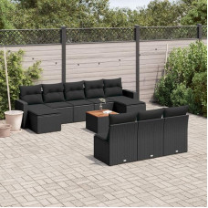 11-TLG. Garten-Sofagarnitur mit Kissen Schwarz Poly Rattan, PE Rattan Sofagarnitur mit Kissen und Garten Sofa Set mit Akazienholz Tisch