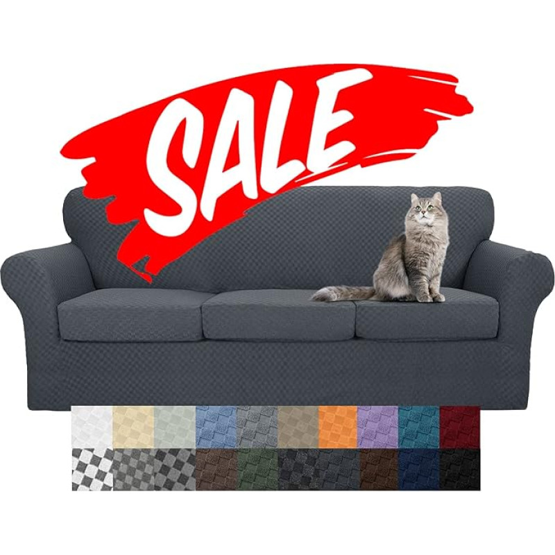 YEMYHOM Checked Pack of 4 Couch Covers for 3 Cushions Couch High Stretch Thickened Sofa Cover for Dogs Pets Non-Slip Elastic Protective Covers Living Room Furniture Protection (Sofa, Dark Grey)