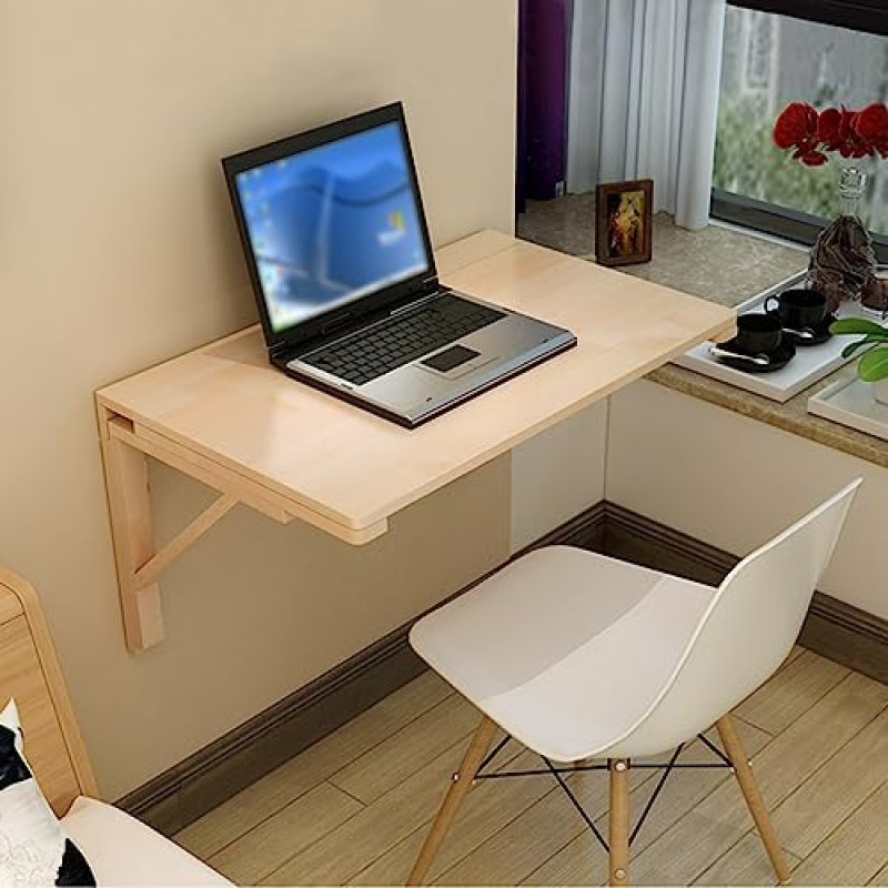 Klappbarer Wandschreibtisch aus Massivholz mit kleinem, platzsparendem Design, schwebender Klappschreibtisch aus Kiefernholz für Küche, Esszimmer, Außenbereich, Garten, Hängeregale mit Unter