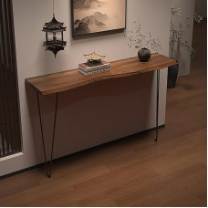 Schmaler Konsolentisch im Landhausstil für Eingangsbereich, Wandtisch aus Massivholz mit 2 Eisenbeinen, Unregelmäßige, Natürliche Kanten(Brown,160x25x80cm/63x10x31in)
