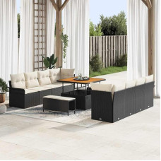 Modulares Gartensofa-Set 11-teilig mit Kissen und Stauraum in Schwarz und Creme aus Poly-Rattan und Akazienholz